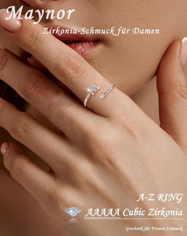 Detalle de Maynor A-Z Buchstaben-Ring aus Silber 925 mit Cubic-Zirkonia, verstellbar (Größe 50–60)