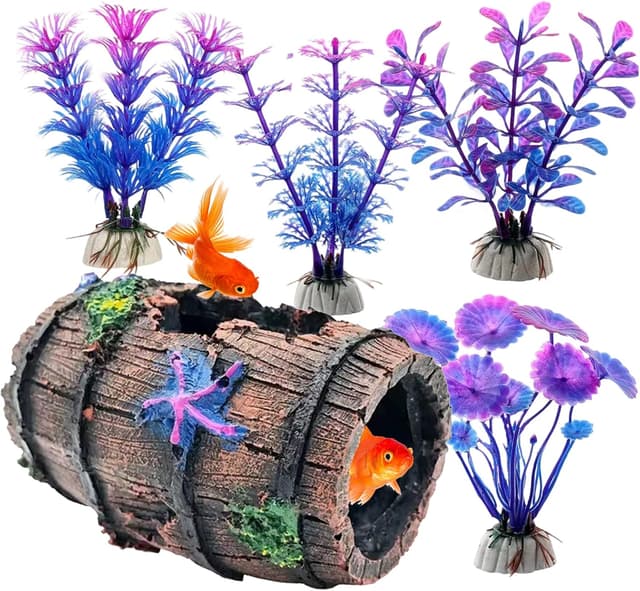 Detalle de LZYDKH broken barrel cave ornament with 4 aquatic plants for aquariums