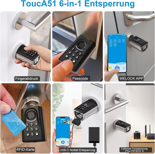 Detalle 2 de WELOCK ToucA51 elektronisches Türschloss mit Fingerabdruck, Zahlencode und RFID-Karte (App, verstellbarer Zylinder)