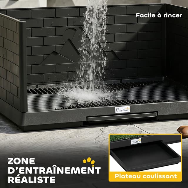 Detalle de PawHut Toilette pour chien avec gazon artificiel, parois hautes et plateau coulissant (75x51x36,5 cm) – Noir
