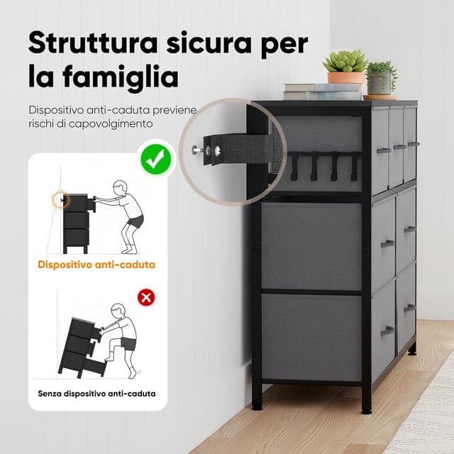 Detalle 2 de HOKEEPER Cassettiera 7 cassetti in tessuto grigio, mobile basso salvaspazio