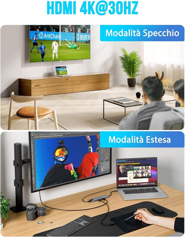 Detalle de Lemorele Hub USB-C Gigabit Ethernet 8 in 1 con HDMI 4K e PD 100W (dock per Windows, Mac, Android, iOS, Linux)