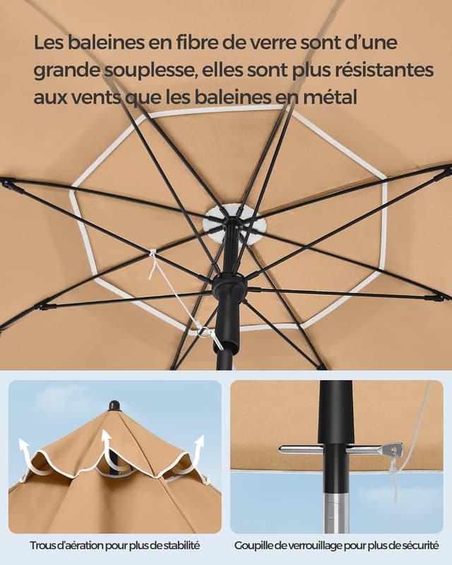 Detalle 2 de SONGMICS parasol inclinable 200 cm UPF 50+ (hauteur réglable, 30° dans les 2 sens) taupe