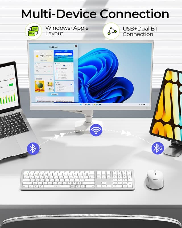 Detalle 2 de seenda COE300 dual Bluetooth + 2.4G wireless keyboard and mouse set (white & silver)