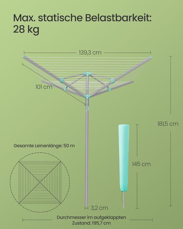 Detalle 2 de SONGMICS Wäschespinne LLR307EZ01 mit 50 m Wäscheleine, drehbar & klappbar – für draußen mit Schutzhülle