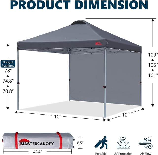 Detalle de MASTERCANOPY Durable EZ Pop-up Gazebo Tent with 1 Sidewall (3x3M, Dark Grey)
