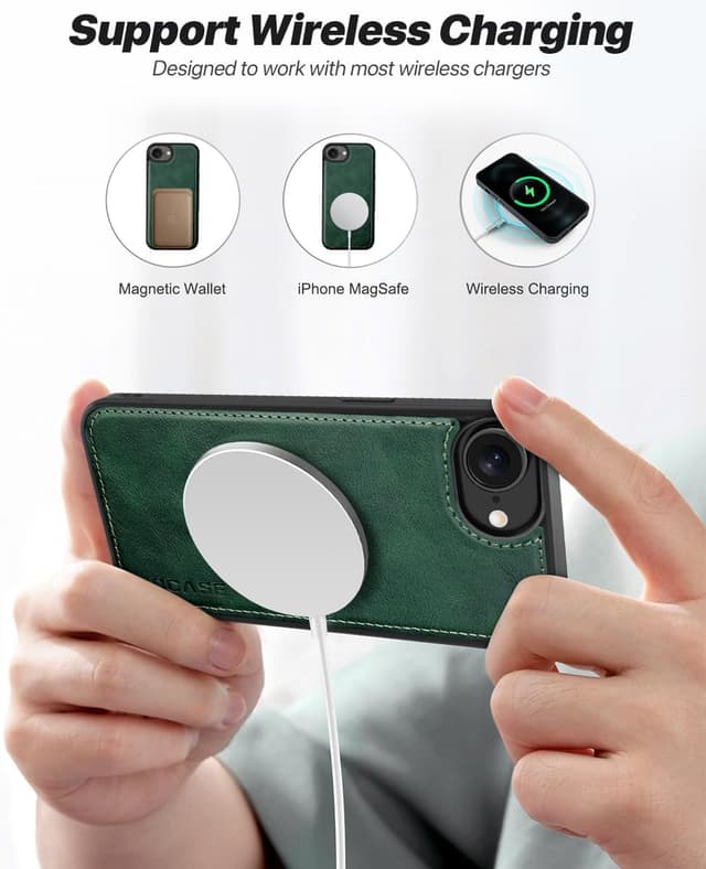 Detalle 2 de OCASE 2-in-1 iPhone 16e/17e Handyhülle mit Kartenfach, abnehmbarer magnetischer Wallet & Handschlaufe – Dunkelgrün