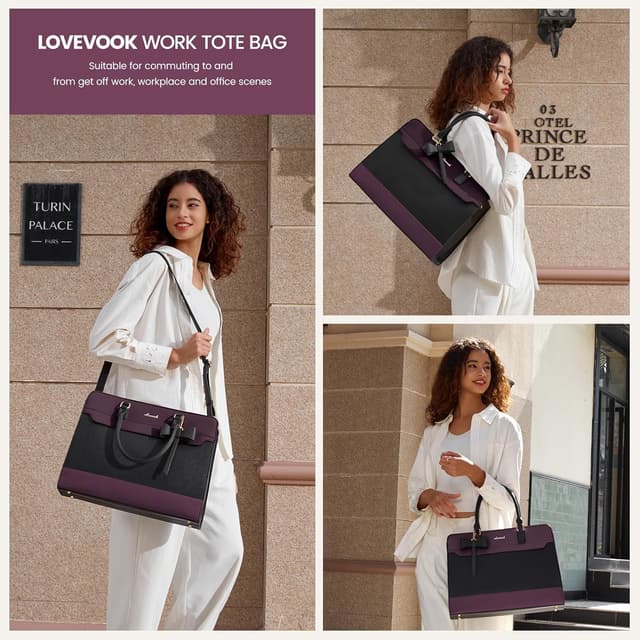 Detalle de LOVEVOOK große Handtasche für Damen mit 15,6‑Zoll-Laptoptasche (42×32×14 cm) – PU-Tote fürs Büro & Schule