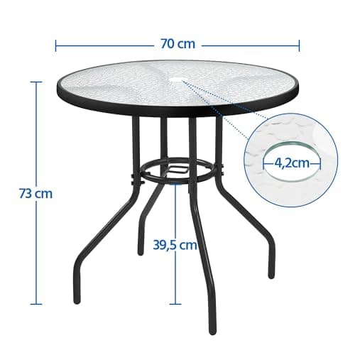 Detalle de Yaheetech tavolo da giardino rotondo in vetro Ø 70 cm con foro per ombrellone (altezza 73 cm) nero