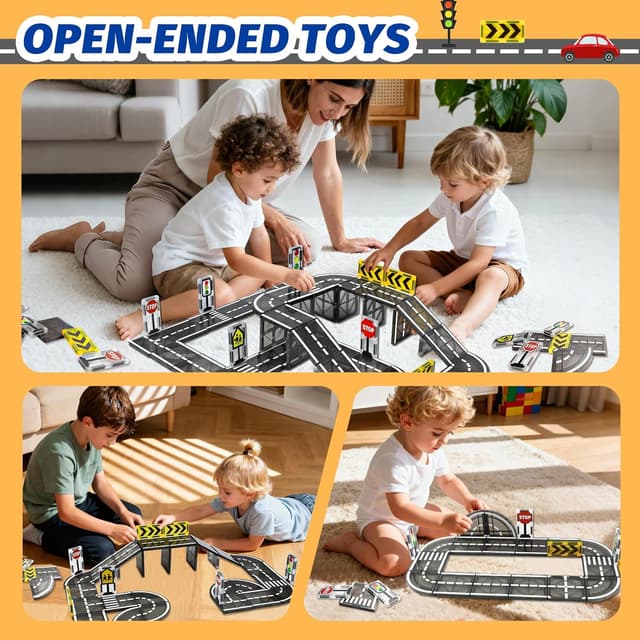 Detalle de katietoy Magnetic Tiles Road Set for Kids (46 pcs) – magnetic road tiles and traffic signs for ages 3–8