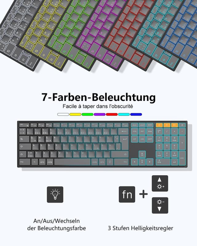 Detalle de OMOTON kabellose Bluetooth-Tastatur mit Metallgehäuse (2,4G + BT), beleuchtet, Multi-Device, deutsches QWERTZ