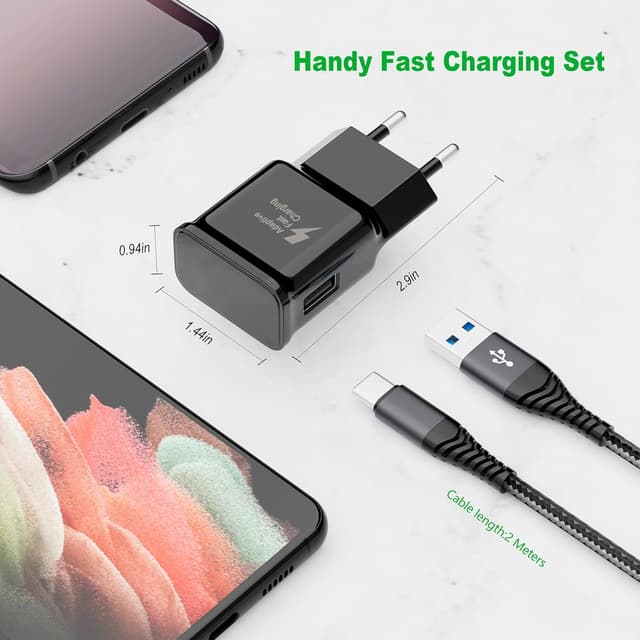 Detalle 2 de 2-Pack chargeur USB-C rapide adaptatif avec câble USB-C 2 m (nylon) compatible Samsung Galaxy et autres appareils USB-C