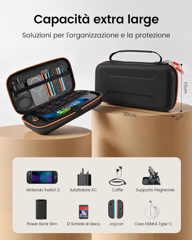 Detalle 2 de Custodia rigida da viaggio per Nintendo Switch 2 con alloggiamento alimentatore e 12 slot giochi (nero)