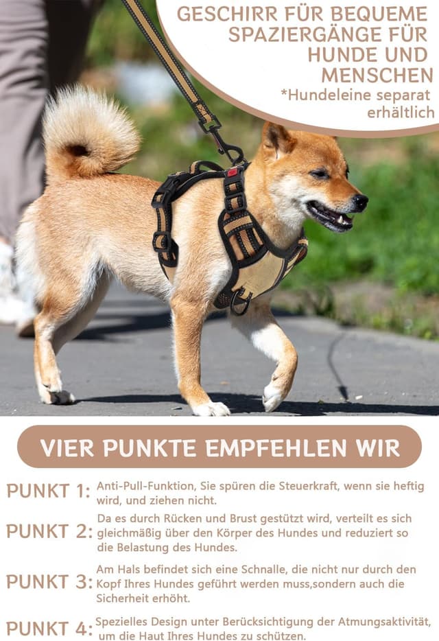 Detalle 2 de BaoCheng Hundegeschirr Anti-Zug-Hundegürtel für kleine bis große Hunde (Khaki) – atmungsaktives Mesh, 3 Schnallen, reflektierend