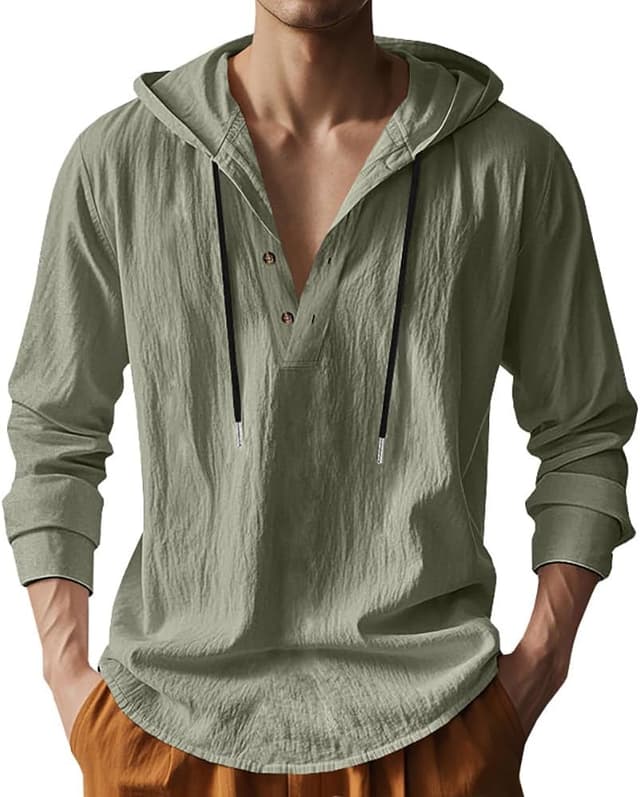 Detalle de TRFIC Men’s Cotton Linen Hooded Long Sleeve Button-Down Shirt for Casual, Beach & Yoga