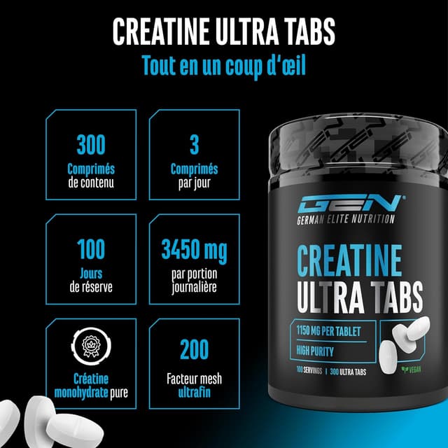 Thumbnail 1 de Creatine Ultra Tabs – 1500 mg créatine mono HQ? (oops)
Creatine Ultra Tabs 300 comprimés – créatine monohydrate 📋