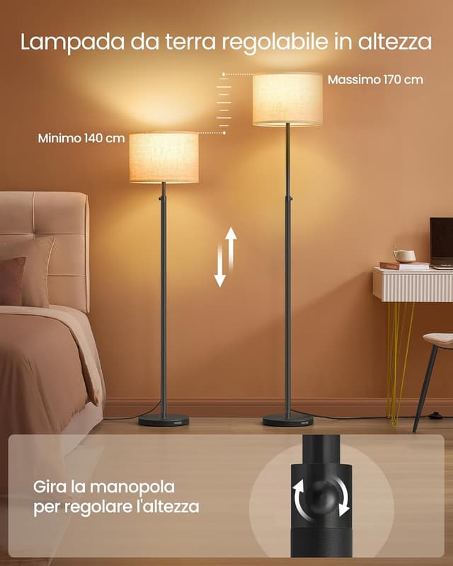 Detalle de VASAGLE Lampada da Terra e da Lettura regolabile in altezza LFL002BH02, con interruttore a pedale e attacco E27