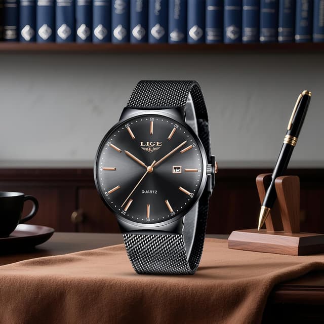 Detalle de LIGE Herren-Uhr Ultra: analoges Quarzmodell mit Kalender, roségoldfarbenen Zeigern & Edelstahl-Gitterband