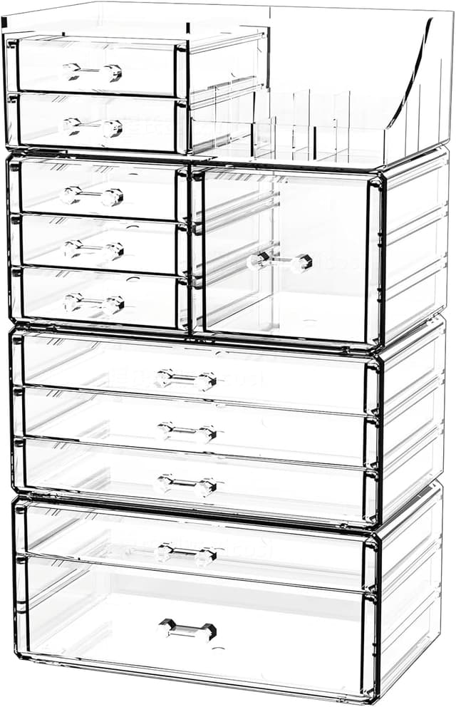 Detalle de Acrylic Clear Makeup Organizer Countertop (11 Drawers) — Stackable Vanity & Skincare Storage for Beauty Counters