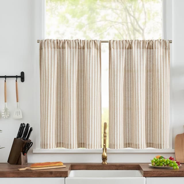Detalle de jinchan Striped Linen Kitchen Curtains 30" Tan 🪟