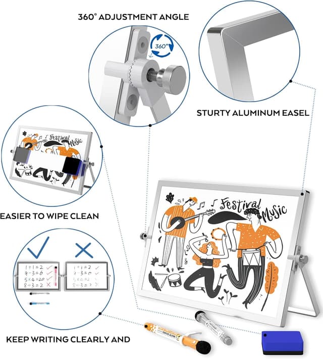 Detalle 2 de Nicpro A3 Double-Sided Magnetic Dry Erase Mini Whiteboard (40 x 30 cm) with Stand, 8 Pens, Eraser & Magnets