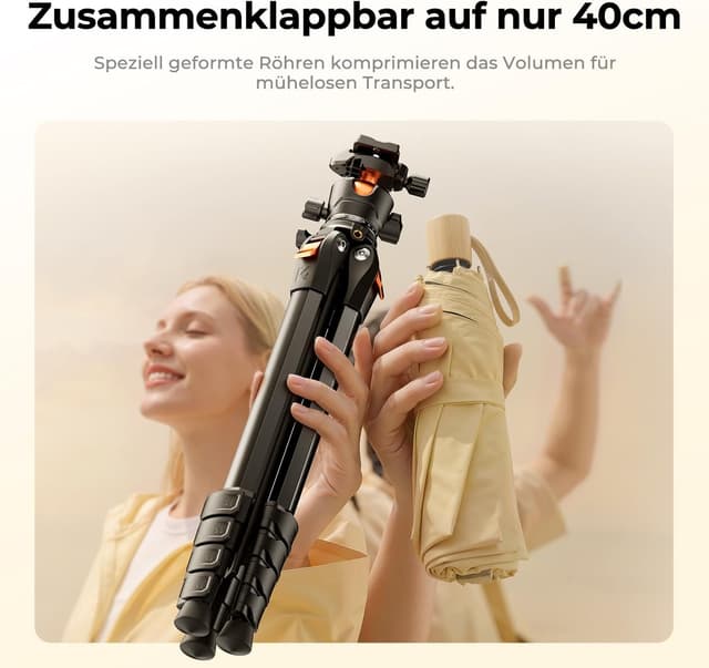 Detalle 2 de K&F CONCEPT A305A1+BH-40 Kamera-Stativ (Handy-Stativ), 162 cm – Aluminium-Reisestativ für Smartphone & Tablet