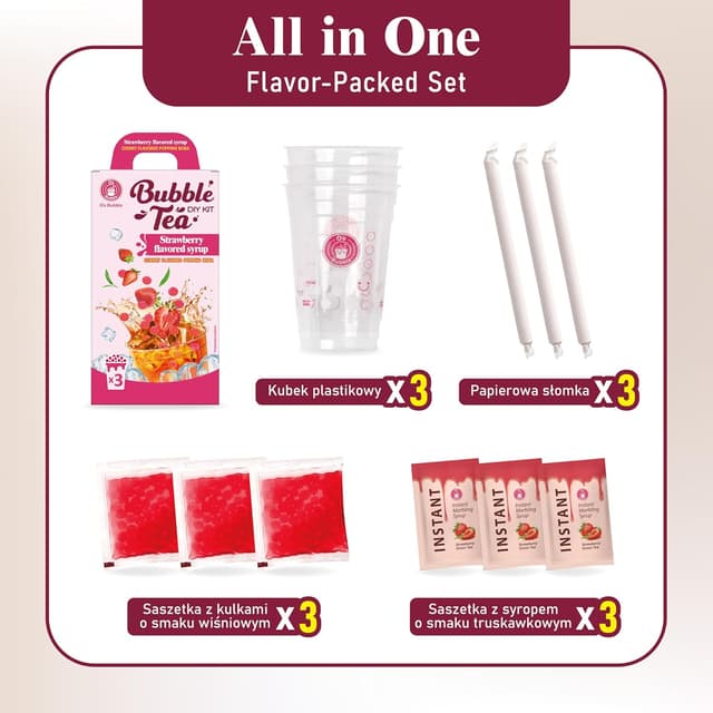 Detalle de O’s Bubble Popping Boba DIY Bubble-Tea-Set für Zuhause (3 Portionen) – Erdbeer-Grüntee mit Kirsch
