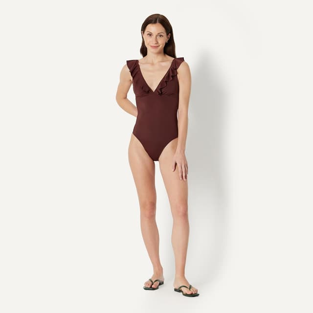 Detalle de Amazon Essentials Damen-Badeanzug mit Rüschen und V-Ausschnitt – einteiliger Slim-Fit Badeanzug