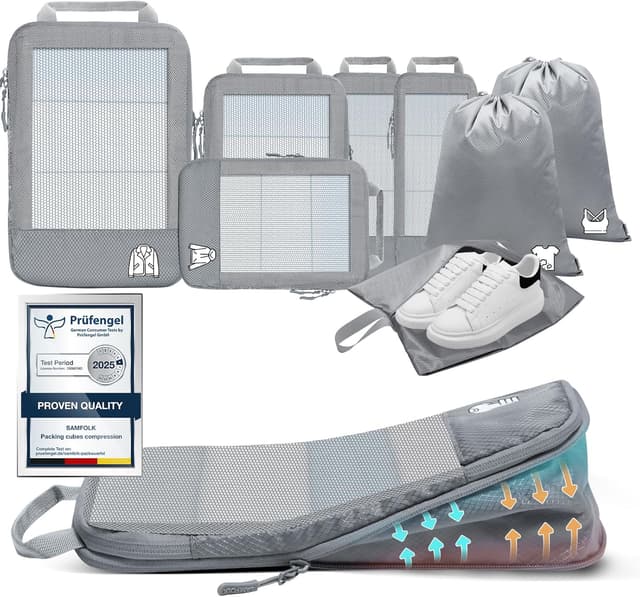 Detalle de Samfolk 8-teilige Compression Packing Cubes – Koffer-Organizer mit Kompressionsfunktion (Grau)