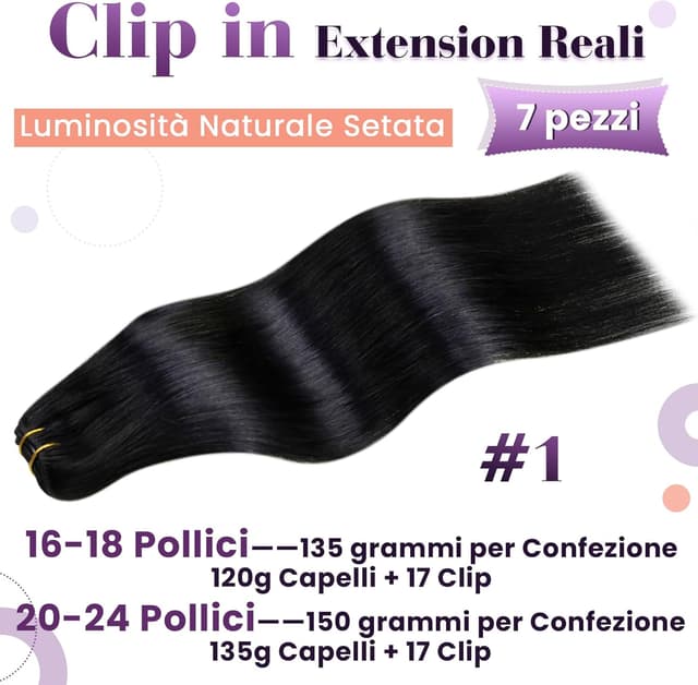 Detalle 2 de LaaVoo Extension Capelli Veri Clip 135g, 7 pz Nero Naturale (40 cm) con clip