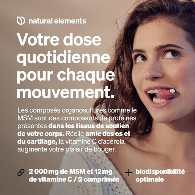 Detalle de Natural Elements MSM 2000 mg + Vitamine C naturelle (acerola) – 365 comprimés, végane