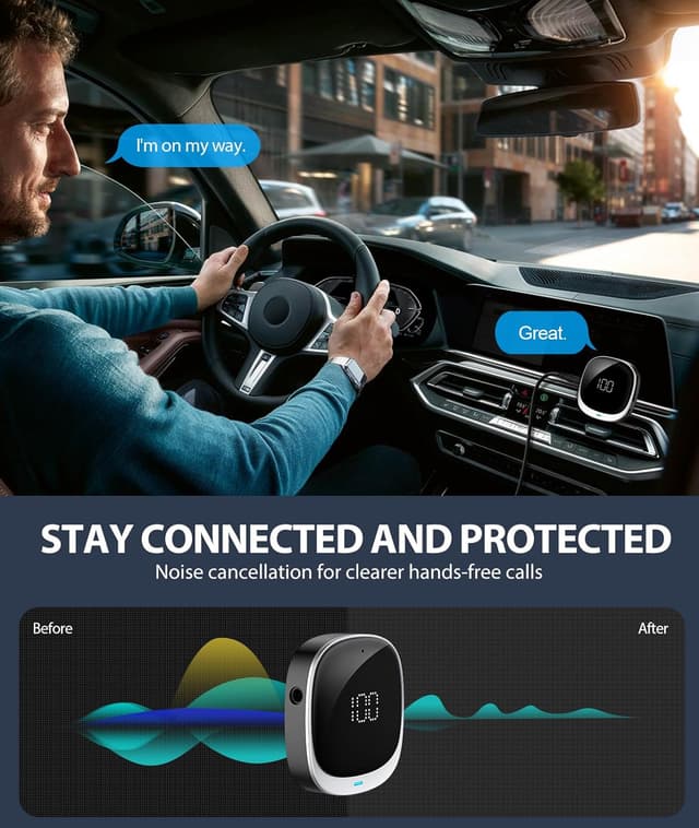 Detalle de COMSOON AUX Bluetooth Adapter for Car with LED Screen (Bluetooth 5.3, 3.5mm) for Music & Hands-Free Calls