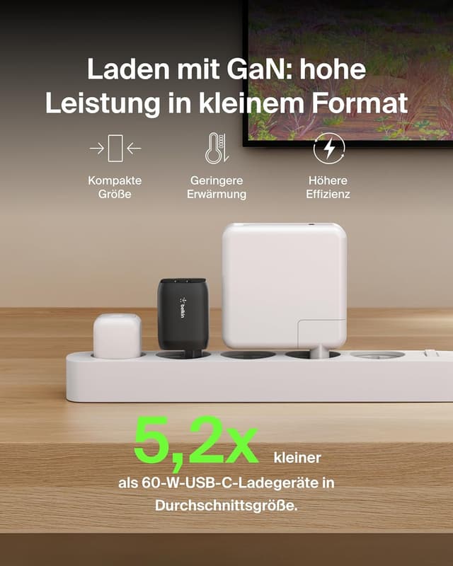 Detalle 2 de Belkin Gaming USB-C Ladegerät mit 2 Anschlüssen (65 W, GaN) für Nintendo Switch 2, iPhone & mehr – Schwarz