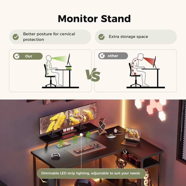Detalle 2 de Mericonia Small L-Shaped Desk with LED (120x70cm) and Monitor Stand, Black
