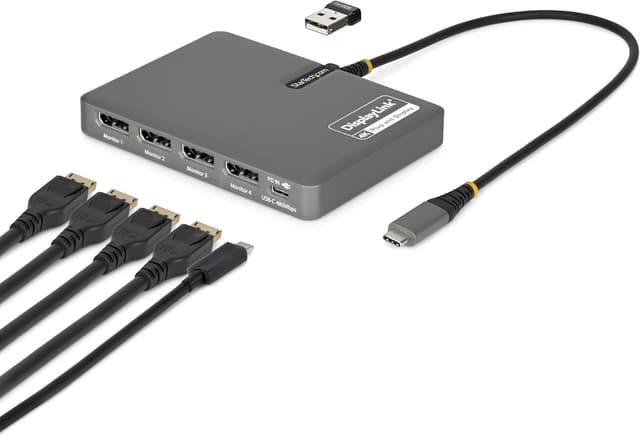 Detalle de StarTech.com Quad USB-C to DisplayPort workstation dock (4K60/4K120, 140W PD passthrough) – QUAD-USB-DP-ADAPT