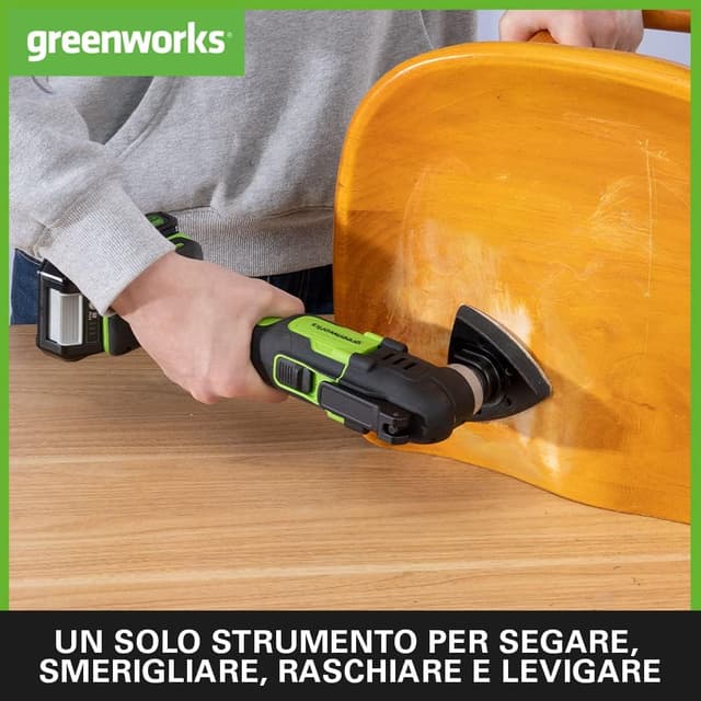 Detalle de Greenworks G24MT multiherramienta a batteria oscillante con 6 velocità e 5 accessori (solo utensile)