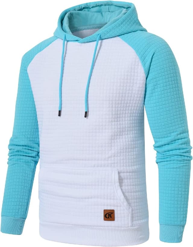 Detalle 2 de YuKaiChen men’s pullover hoodie with plaid jacquard patchwork, drawstring hood and pockets