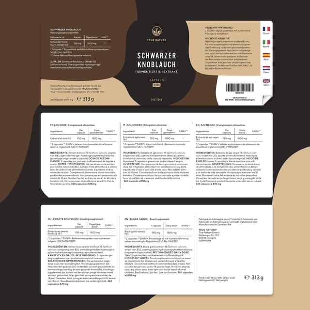 Detalle de True Nature Schwarzer Knoblauch Extrakt (15:1) mit S-Allylcystein (SAC) – 360 Kapseln für ca. 6 Monate