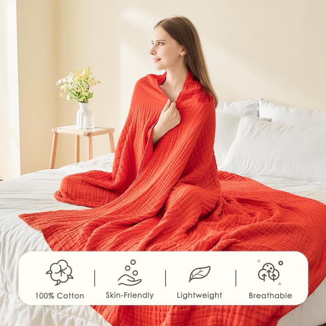 Detalle de EMME Musselin-Decke für Erwachsene (100% Baumwolle), 228 x 228 cm – atmungsaktive Gaze-Decke für alle Jahreszeiten