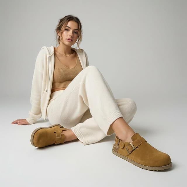 Detalle de CUSHIONAIRE Brooklyn Suede Women’s Slides with Adjustable Buckles