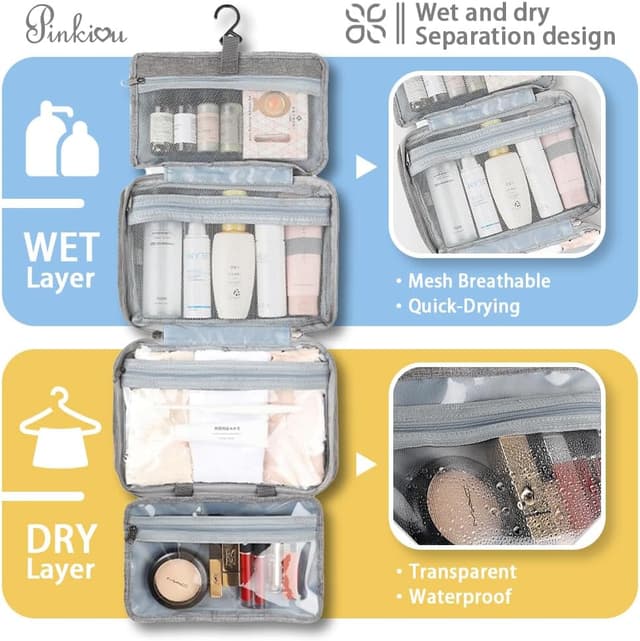 Detalle 2 de Pinkiou Hanging Toiletry Bag for Women – waterproof travel wash bag with 4 compartments and swivel hook