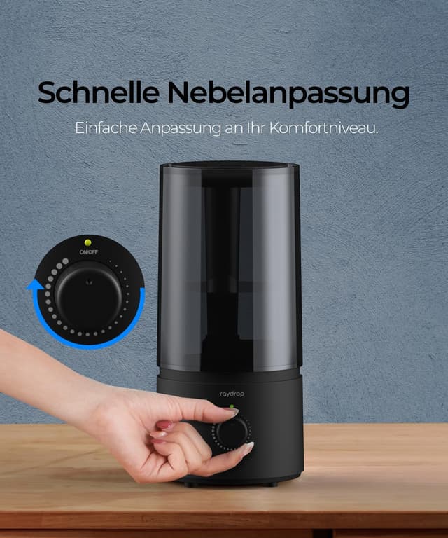 Detalle de raydrop Ultraschall-Luftbefeuchter fürs Schlafzimmer (1,7 L) – leise & platzsparend, mit automatischer Abschaltung, schwarz