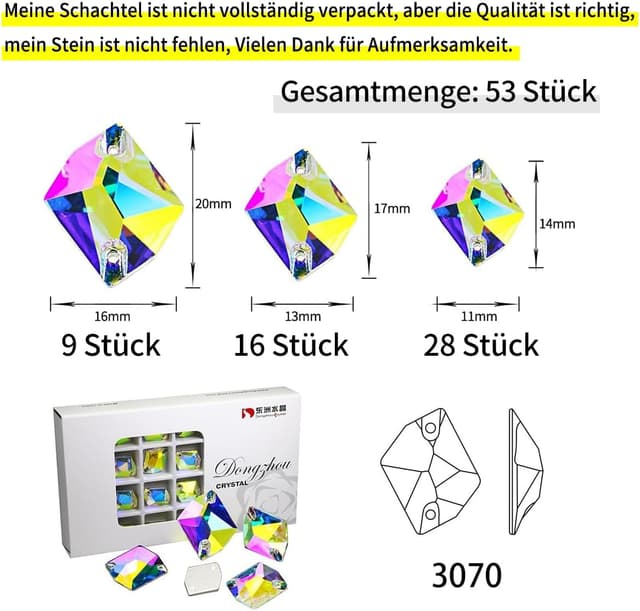 Detalle 2 de DONGZHOU Strasssteine zum Aufnähen (53 Stück) in Kristall-AB, flacher Rücken mit 2 Löchern