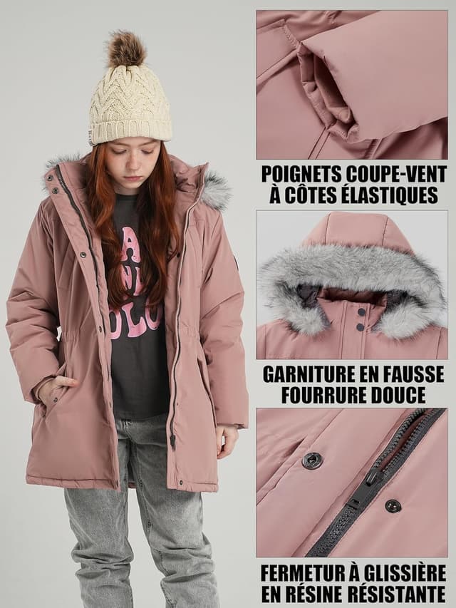Detalle de SOLOCOTE Manteau hiver imperméable pour filles – parka longue avec capuche, épaisse et doublée polaire