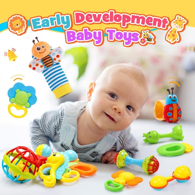 Detalle de 14-teiliges Rasseln & Beißring Set mit Aufbewahrungsbox – Babyspielzeug ab 0–12 Monate