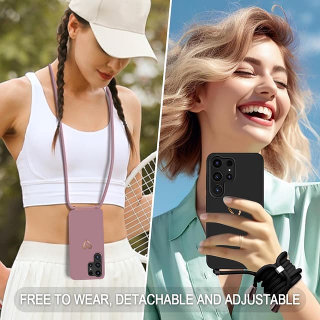 Detalle de Eherui Handyband-Hülle für Samsung Galaxy S25 Ultra mit abnehmbarer Kordel – Goldherz-Design (Liquid Silikon Case), schwarz