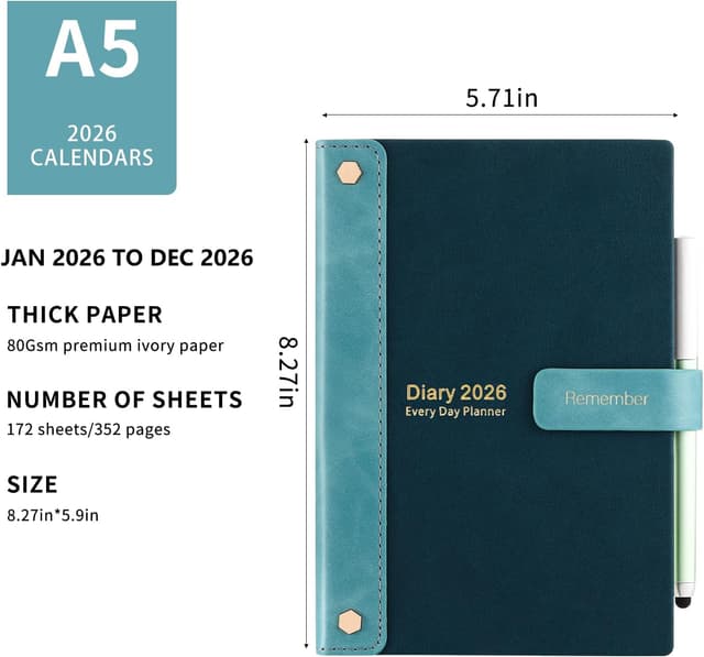 Detalle de Mljtoyo Academic Diary 2026 (A5) – Day-Per-Page Hardcover Organiser, Jan–Dec 2026