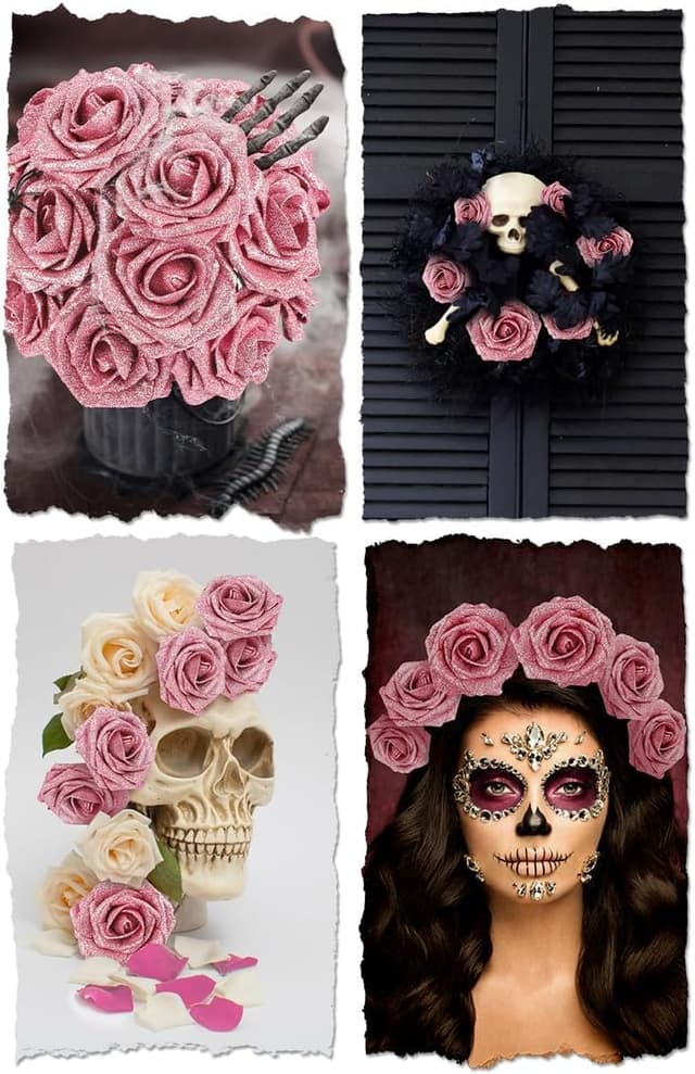 Thumbnail 6 de N&T NIETING Artificial Glitter Roses (Pink), 25pc DIY fake flowers with bendable stems