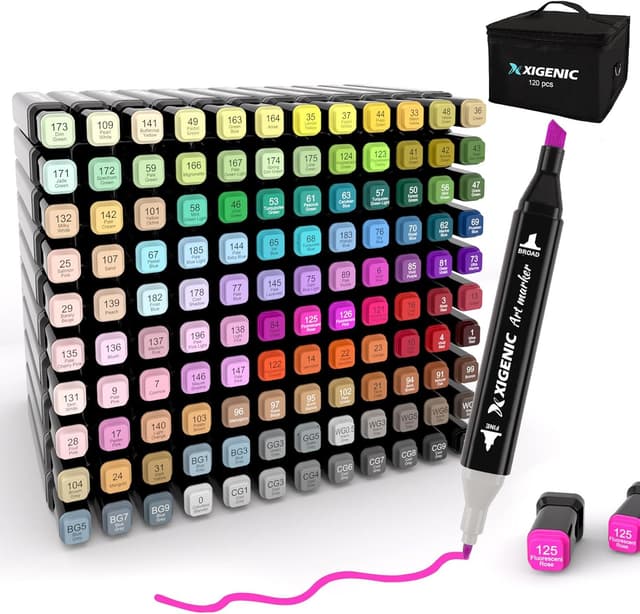 Detalle de XIGENIC 120 Alkohol Marker Set – 120 Farben mit Twin-Tip Spitze zum Skizzieren, Manga & Coloring Book