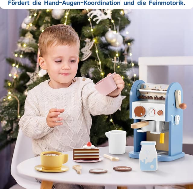 Detalle de GAGAKU Kinder-Kaffeemaschine aus Holz mit Sound und Zubehör (15-teilig) – Spielküche für Barista-Rollenspiel ab 3 Jahre, blau